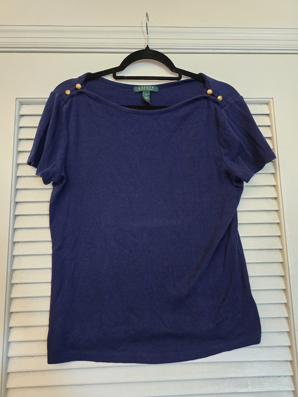 Lauren Ralph Lauren Navy Blue Short Sleeve Knit Top Gold Buttons Size L